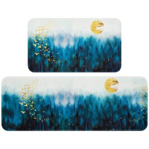 bleum cade kitchen rugs set of 2 cushioned anti-fatigue kitchen runner rug,non-slip washable kitchen mats and rugs,misty blue forest gold birds comfort kitchen floor mat for sink, laundry, doormat