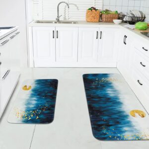 BLEUM CADE Kitchen Rugs Set of 2 Cushioned Anti-Fatigue Kitchen Runner Rug,Non-Slip Washable Kitchen Mats and Rugs,Misty Blue Forest Gold Birds Comfort Kitchen Floor Mat for Sink, Laundry, Doormat