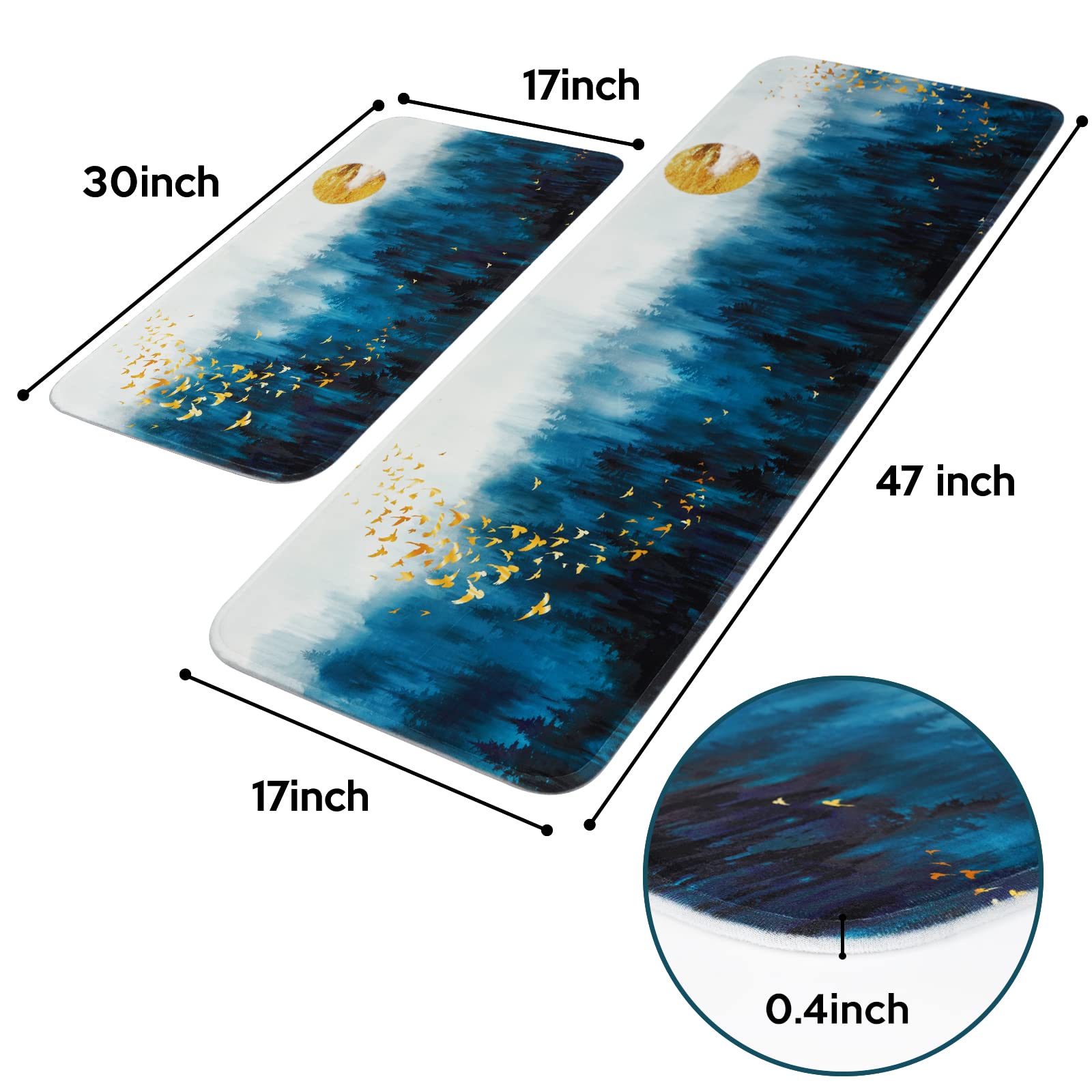 BLEUM CADE Kitchen Rugs Set of 2 Cushioned Anti-Fatigue Kitchen Runner Rug,Non-Slip Washable Kitchen Mats and Rugs,Misty Blue Forest Gold Birds Comfort Kitchen Floor Mat for Sink, Laundry, Doormat