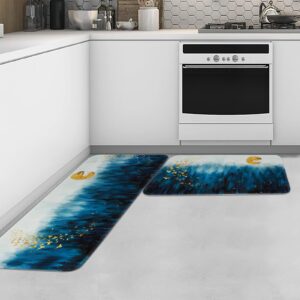 BLEUM CADE Kitchen Rugs Set of 2 Cushioned Anti-Fatigue Kitchen Runner Rug,Non-Slip Washable Kitchen Mats and Rugs,Misty Blue Forest Gold Birds Comfort Kitchen Floor Mat for Sink, Laundry, Doormat