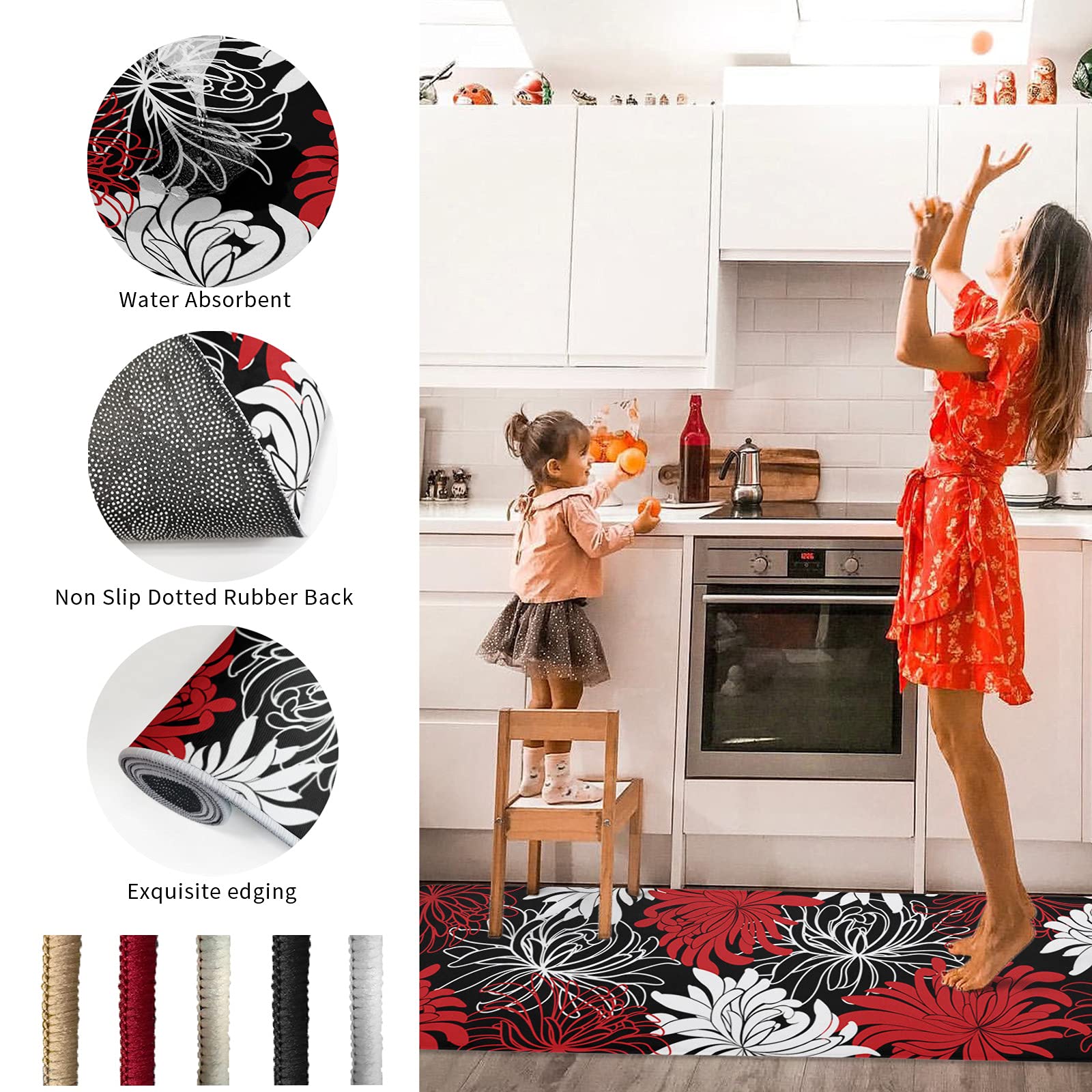 Kitchen Mats 2 Piece Set Non-slip Absorbent Kitchen Mat and Rug Comfort Standing Mats Abstract Floral Red Black and White Dahlia Floor Mats Runner Rug for Laundry Room, 15.7x23.6inch+15.7x47.2inch