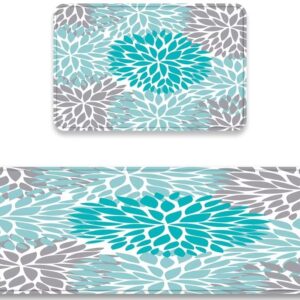 Modern Dahlia Flowers Kitchen Rug Set of 2 Teal Coral Gray Floor Mats Dahlia Pinnata Flower Soft Comfort Standing Mat Anti Fatigue Non Skid Washable Doormat Bathroom Runner Rugs Bedroom Area Carpet