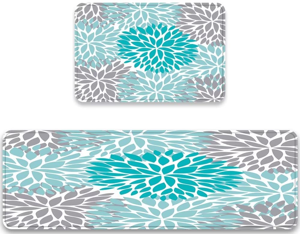 Modern Dahlia Flowers Kitchen Rug Set of 2 Teal Coral Gray Floor Mats Dahlia Pinnata Flower Soft Comfort Standing Mat Anti Fatigue Non Skid Washable Doormat Bathroom Runner Rugs Bedroom Area Carpet