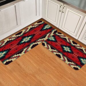 Rustic Southwestern Native American Kitchen Rug Sets 2 Piece with Runner Aztec Tribal Abstract Geometric Navajo Ethnic Vintage Kitchen Rugs and Mats Washable Bath Mat Non Slip Bedroom Area Carpet