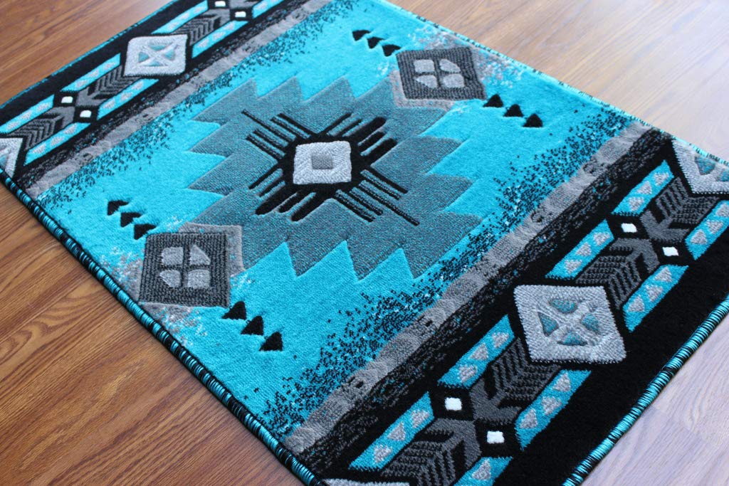 Masada Rugs, Southwest Native American Design Turquoise Area Rug (24 Inch X 40 Inch Mat)