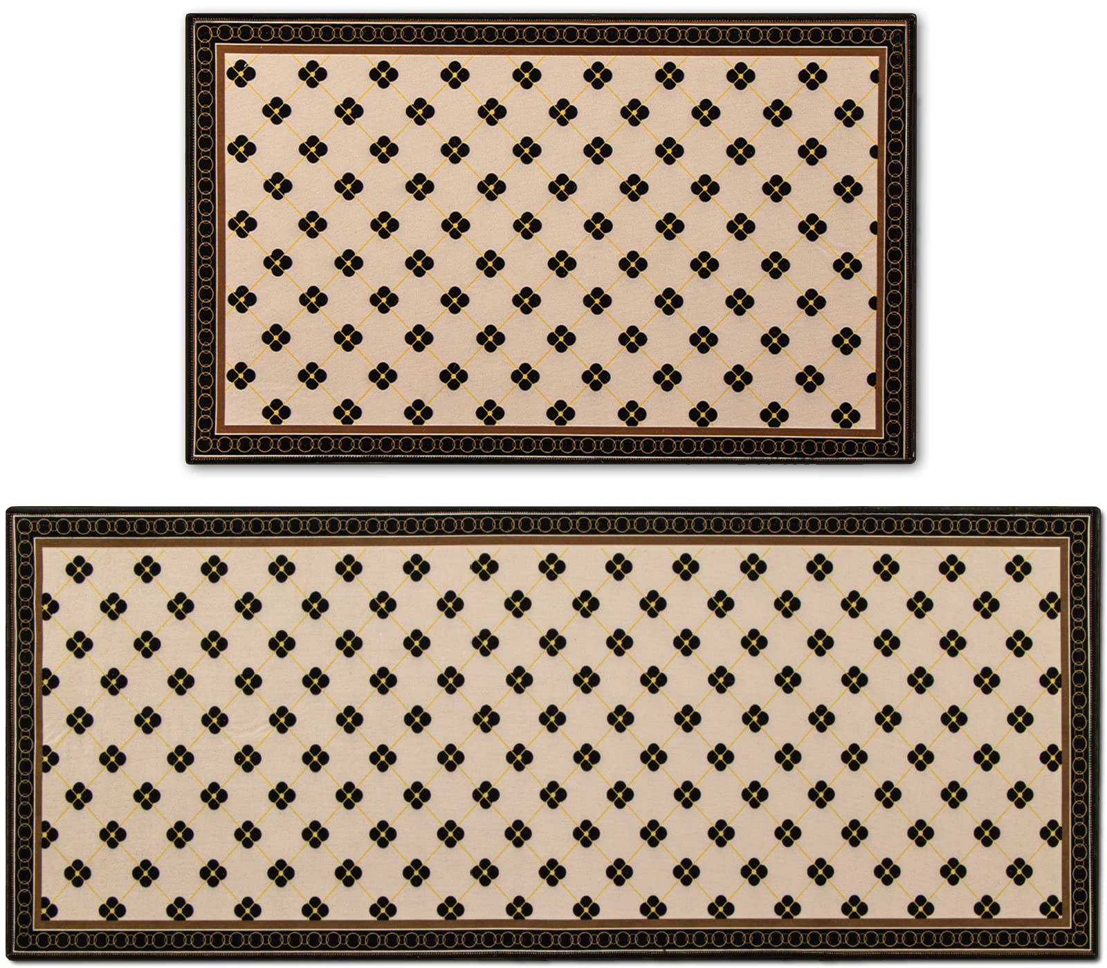 AUTODECO 2 PCS Farmhouse Kitchen Mats and Rug Set - Vintage Water Absorb Microfiber Kitchen Rug Non Skid Washable for Bathroom Laundry Room 17"x29.5"+17"x47", Beige&Black