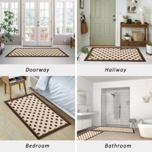 AUTODECO 2 PCS Farmhouse Kitchen Mats and Rug Set - Vintage Water Absorb Microfiber Kitchen Rug Non Skid Washable for Bathroom Laundry Room 17"x29.5"+17"x47", Beige&Black