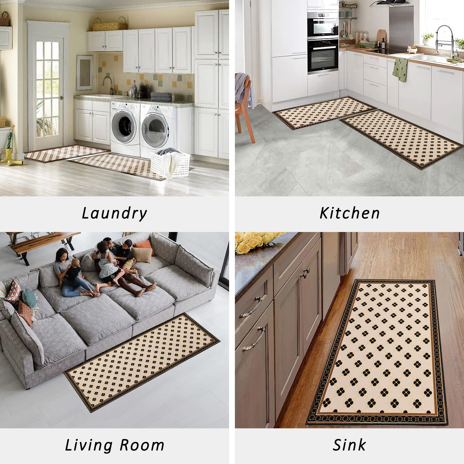 AUTODECO 2 PCS Farmhouse Kitchen Mats and Rug Set - Vintage Water Absorb Microfiber Kitchen Rug Non Skid Washable for Bathroom Laundry Room 17"x29.5"+17"x47", Beige&Black