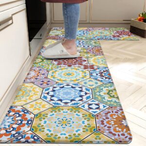 Boho Kitchen Rugs Anti Fatigue Kitchen Rugs and Mats Non Skid Washable Cushioned Kitchen Mats for Floor Bohemian Colorful Rugs for Sink Laundry Bathroom,Set of 2,17.3 X28+17.3 X 47 Inch, PVC