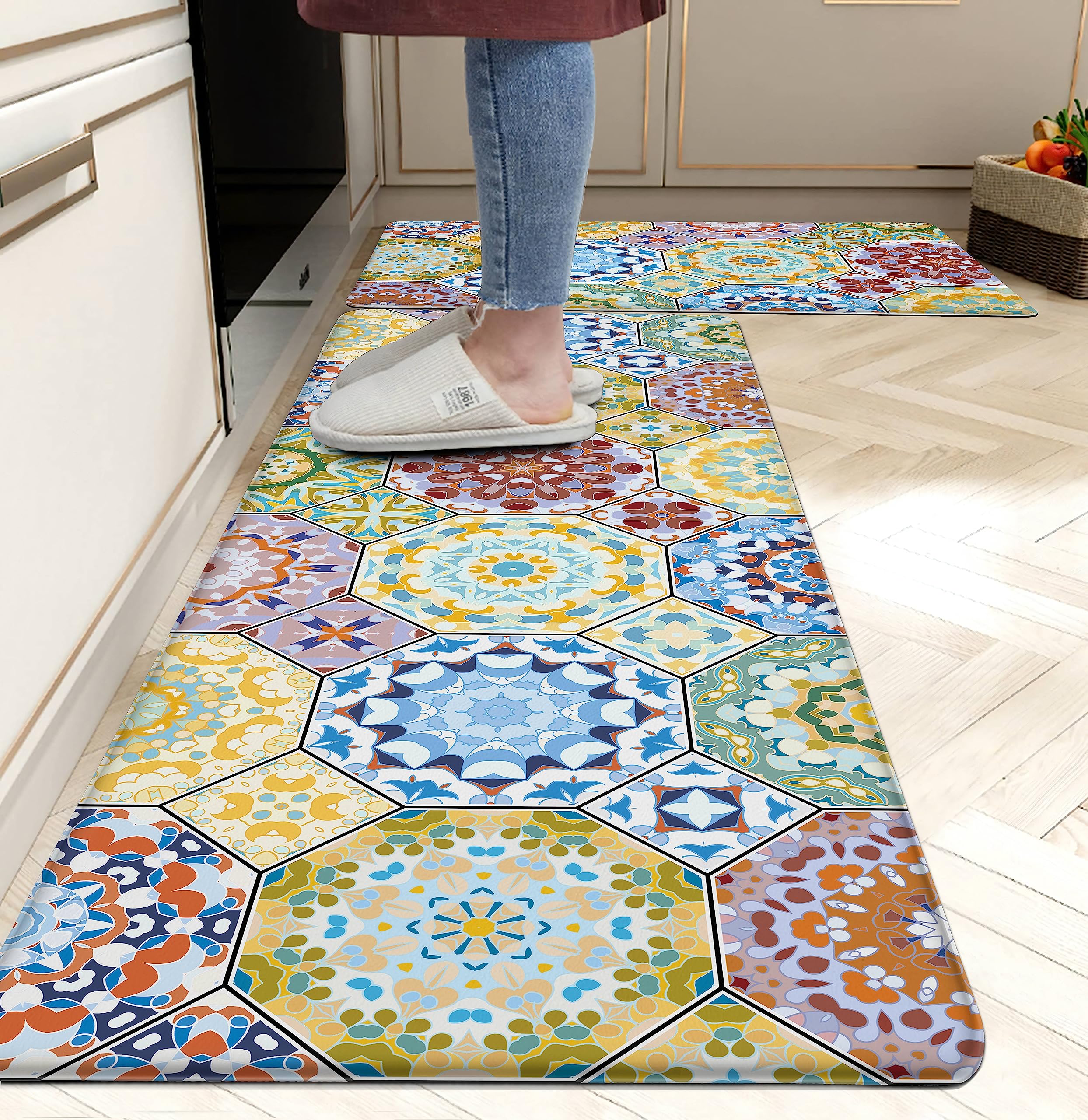 Boho Kitchen Rugs Anti Fatigue Kitchen Rugs and Mats Non Skid Washable Cushioned Kitchen Mats for Floor Bohemian Colorful Rugs for Sink Laundry Bathroom,Set of 2,17.3 X28+17.3 X 47 Inch, PVC