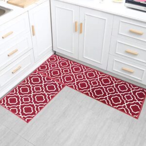 magstonee 2 pieces kitchen rug tpr backing mat for doorway bathroom runner rug set (15"x23"+15"x47", red)