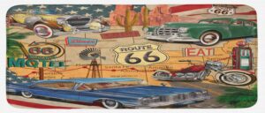 lunarable route 66 kitchen mat, old fashioned cars motorcycle on a map road trip journey american usa concept, plush decorative kitchen mat with non slip backing, 47" x 19", beige red