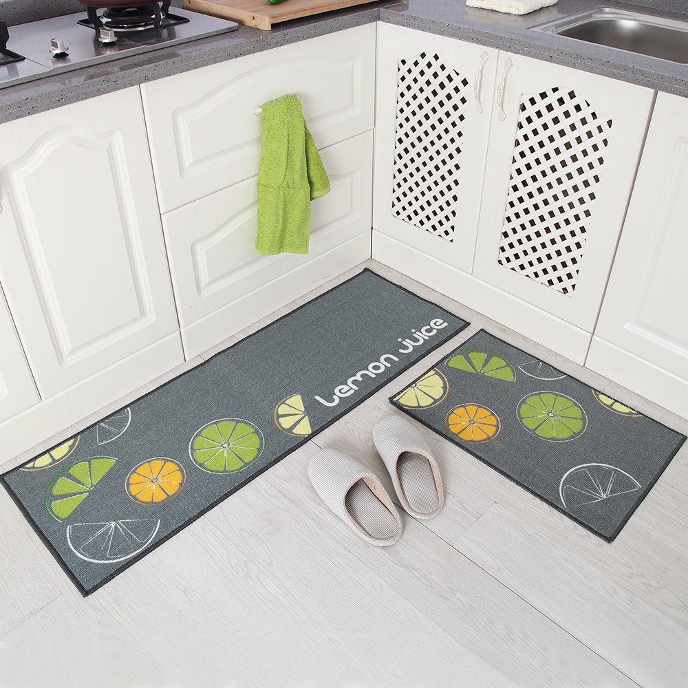 Carvapet 2 Pieces Non-Slip Kitchen Mat Set Rubber Backing Doormat Runner Rug Set, Lemon Design (Grey 15"x47"+15"x23")