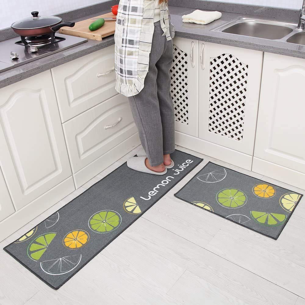 Carvapet 2 Pieces Non-Slip Kitchen Mat Set Rubber Backing Doormat Runner Rug Set, Lemon Design (Grey 15"x47"+15"x23")