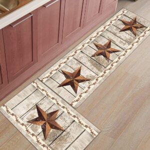 Kitchen Rug Sets of 2 Piece Non-Slip Soft Absorbe Western Texas Star and Primitive Berries on Country Wooden Plank Kitchen Mat Bath Rug Doormat Runner Carpet Set 16"x24"+16"x47"