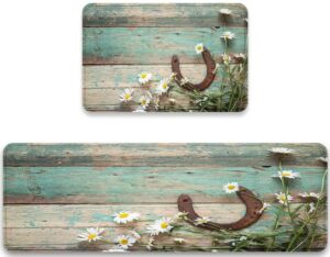 rustic horseshoe kitchen mat set of 2 white daisy flower kitchen rugs and mats non skid washable western country teal wooden barn retro cushioned comfort standing mat for floor,sink,laundry,bathroom