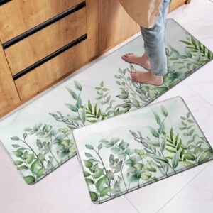 eaiizer watercolor eucalyptus leaves kitchen mats set of 2 spring green leaf kitchen rugs set kitchen mats for floor cushioned anti-fatigue kitchen mat kitchen decor floor mats for home kitchen