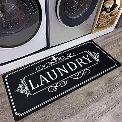 Black White Laundry Room Rugs Runner 20"x48" Long Non Slip Waterproof Laundry Mats Kitchen Floor Carpet Durable Cushioned Natural Rubber Foam Area Rug for Laundry Room Kitchen Bathroom Farmhouse