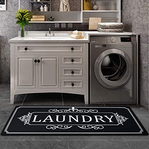 Black White Laundry Room Rugs Runner 20"x48" Long Non Slip Waterproof Laundry Mats Kitchen Floor Carpet Durable Cushioned Natural Rubber Foam Area Rug for Laundry Room Kitchen Bathroom Farmhouse