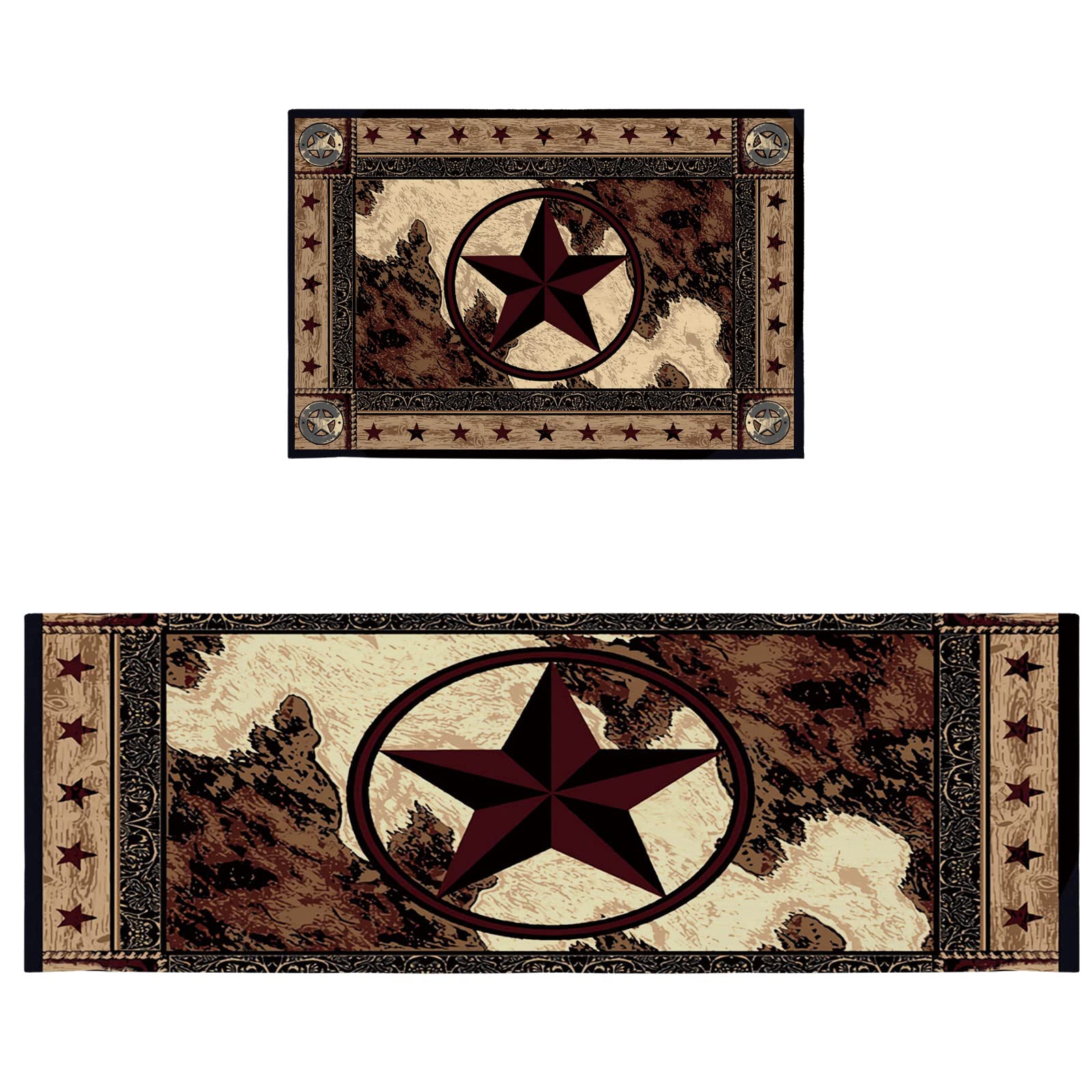 Western Kitchen Rugs and Mats Set of 2, Non-Skid Soft Absorbent Texas Star Kitchen Mats Set for Floor, Rustic Farmhouse Comfort Runner Rug Carpets for Sink, Laundry, Hallway, Dinning Room, Office