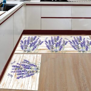 spring flower kitchen rugs lavender summer floral dragonfly wood grain anti-fatigue absorbent kitchen mat non-slip soft shag area runner rug for bedroom hallway bathroom 15.7x23.6in+15.7x47.2in