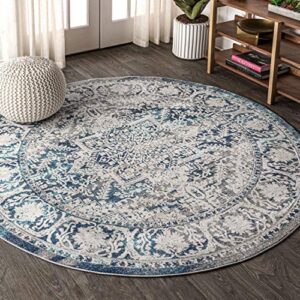 jonathan y mdp100b-6r modern persian vintage medallion indoor area -rug country floral easy -cleaning bedroom kitchen living room, 6' round, navy/light grey