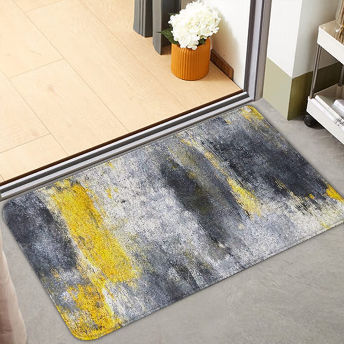 Subently 2PCS Yellow Ombre Kitchen Rugs Abstract Floor Runner Yellow and Gray Non-Slip Area Carpets Mustard Grunge Kitchen Mat Set for Farmhouse Bathroom Laundry 16" x 47"
