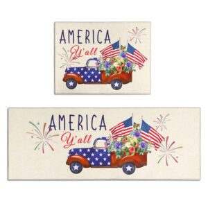 4th of july patriotic independence day decorations kitchen mat set of 2, patriotic kitchen decor, memorial day decorations, seasonal holiday party floor mat for home kitchen - 17x24 and 17x48 inch