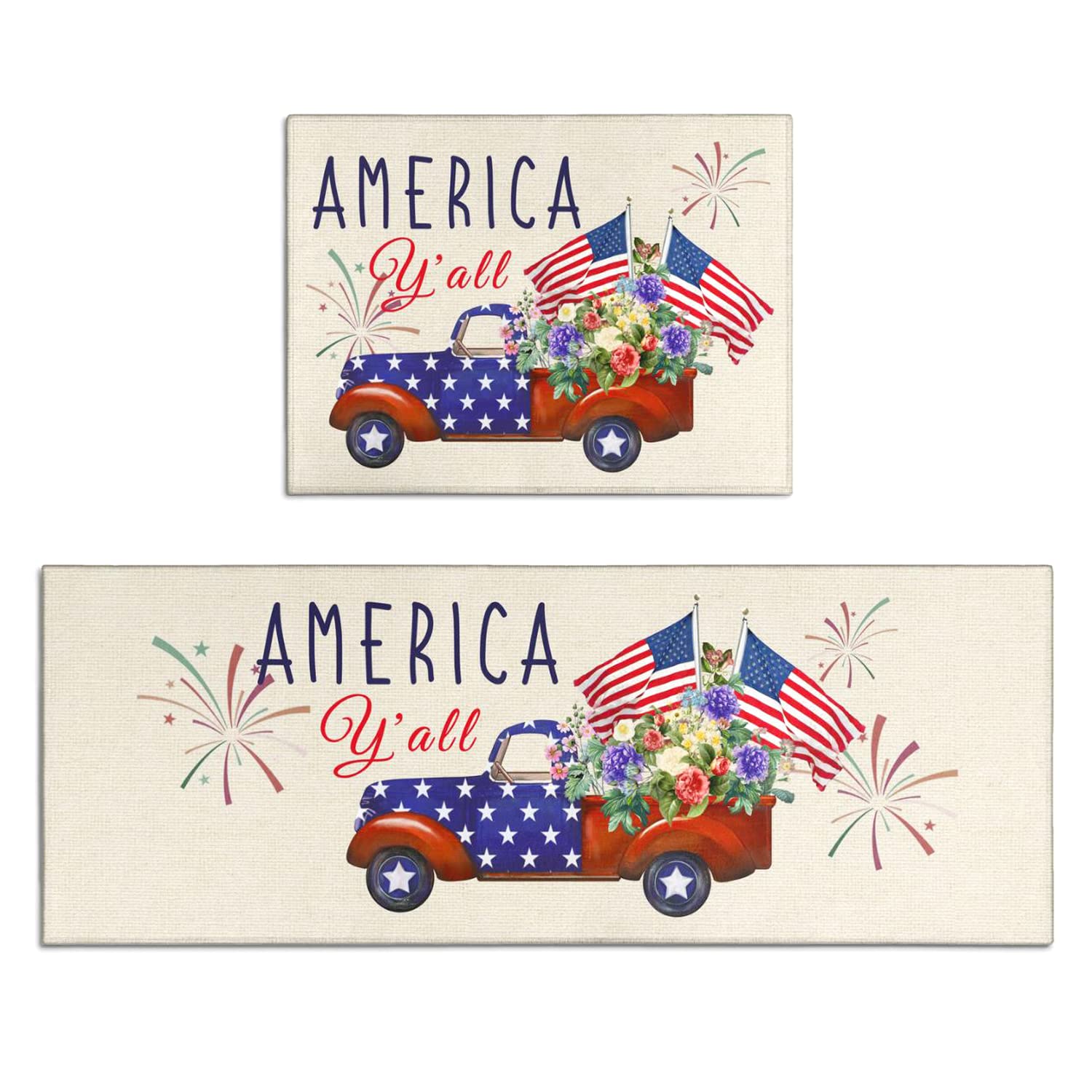 4th of July Patriotic Independence Day Decorations Kitchen Mat Set of 2, Patriotic Kitchen Decor, Memorial Day Decorations, Seasonal Holiday Party Floor Mat for Home Kitchen - 17x24 and 17x48 Inch