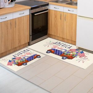 4th of July Patriotic Independence Day Decorations Kitchen Mat Set of 2, Patriotic Kitchen Decor, Memorial Day Decorations, Seasonal Holiday Party Floor Mat for Home Kitchen - 17x24 and 17x48 Inch