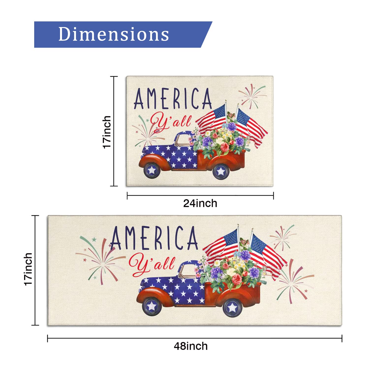 4th of July Patriotic Independence Day Decorations Kitchen Mat Set of 2, Patriotic Kitchen Decor, Memorial Day Decorations, Seasonal Holiday Party Floor Mat for Home Kitchen - 17x24 and 17x48 Inch