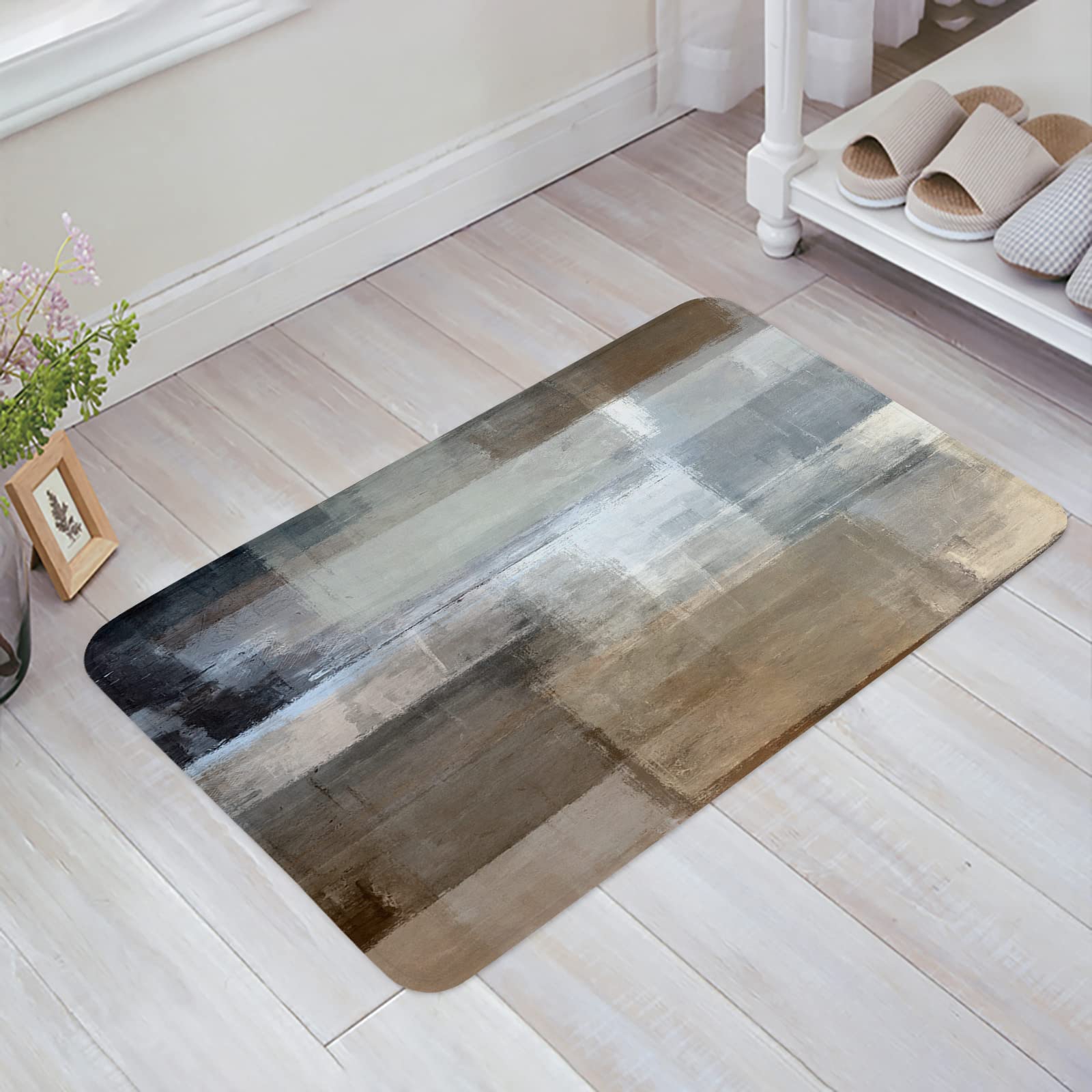 Abstract Oil Painting 1 Piece Water Absorbent Door Mat Anti-Skid Memory Foam Cushioned Rug Comfort Standing Floor Mat for Office Home Bathroom Kitchen 18x30 Inch Geometric Brown Artwork