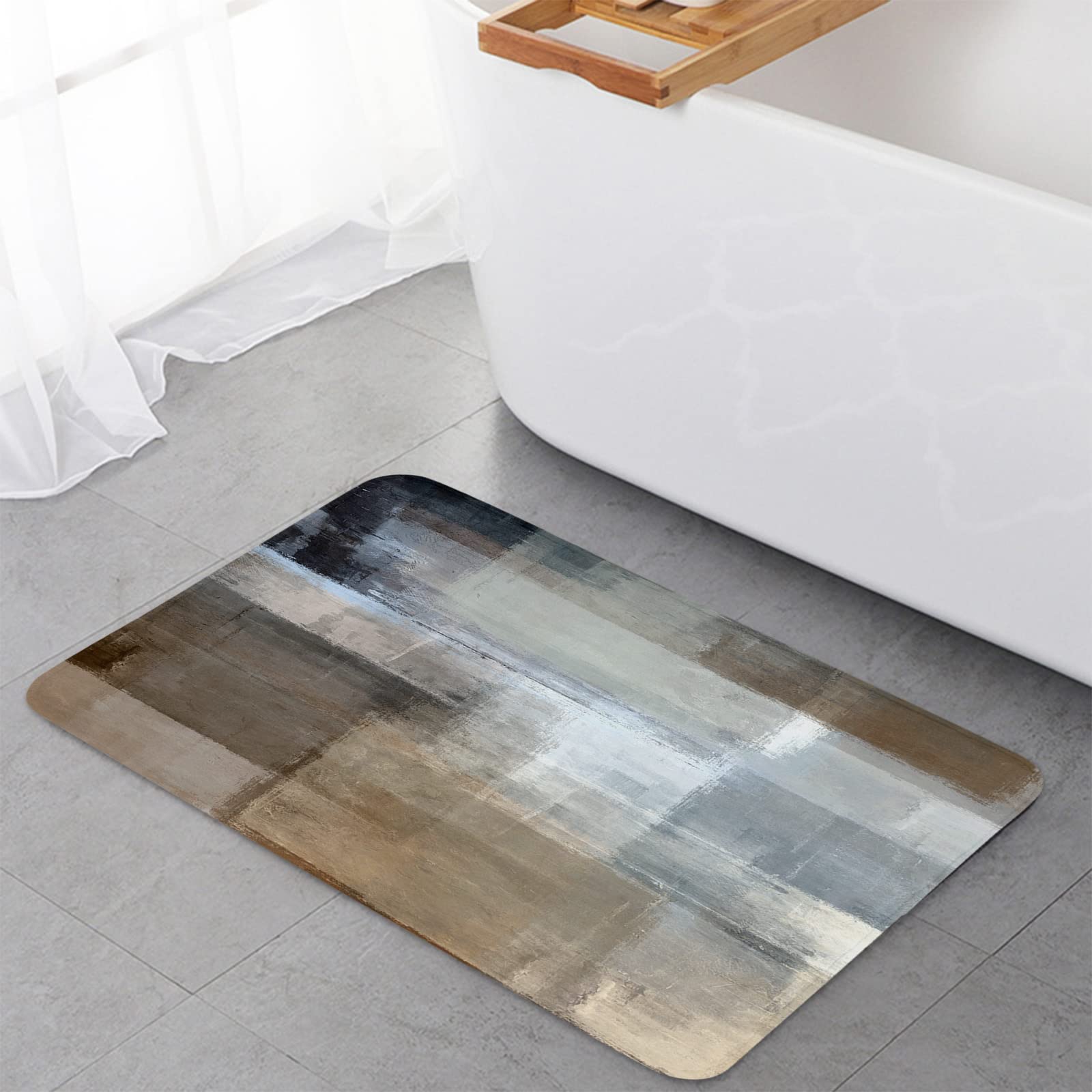 Abstract Oil Painting 1 Piece Water Absorbent Door Mat Anti-Skid Memory Foam Cushioned Rug Comfort Standing Floor Mat for Office Home Bathroom Kitchen 18x30 Inch Geometric Brown Artwork