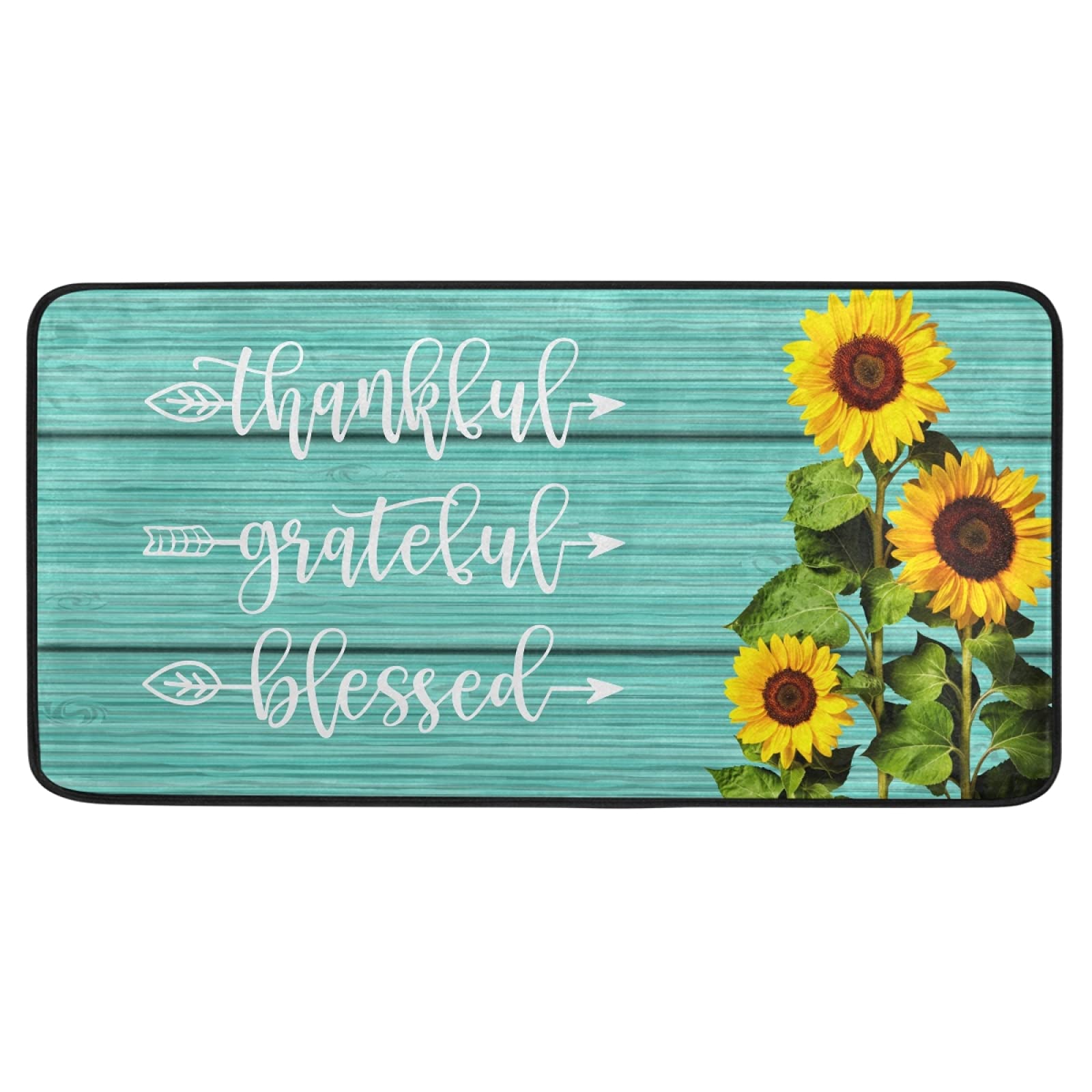 Sunflowers Teal Turquoise Kitchen Rugs Non Slip Thankful Grateful Blessed Kitchen Mats Standing Cushioned Mat in Front of Sink, Washable, 39 x 20 Inch