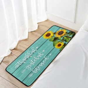 Sunflowers Teal Turquoise Kitchen Rugs Non Slip Thankful Grateful Blessed Kitchen Mats Standing Cushioned Mat in Front of Sink, Washable, 39 x 20 Inch