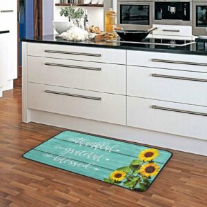 Sunflowers Teal Turquoise Kitchen Rugs Non Slip Thankful Grateful Blessed Kitchen Mats Standing Cushioned Mat in Front of Sink, Washable, 39 x 20 Inch