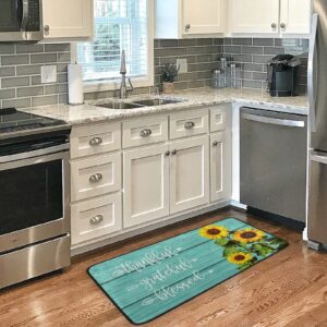 Sunflowers Teal Turquoise Kitchen Rugs Non Slip Thankful Grateful Blessed Kitchen Mats Standing Cushioned Mat in Front of Sink, Washable, 39 x 20 Inch