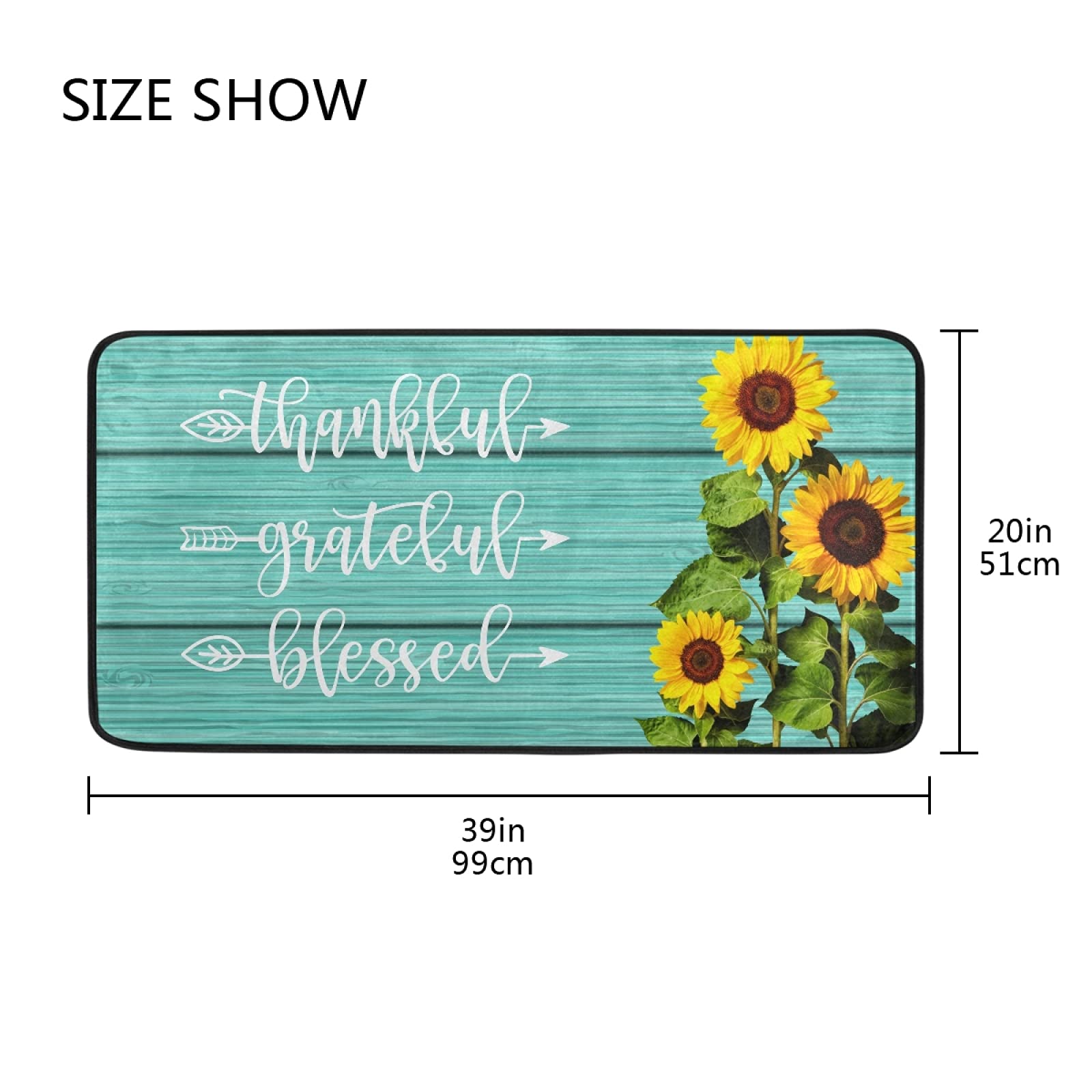 Sunflowers Teal Turquoise Kitchen Rugs Non Slip Thankful Grateful Blessed Kitchen Mats Standing Cushioned Mat in Front of Sink, Washable, 39 x 20 Inch