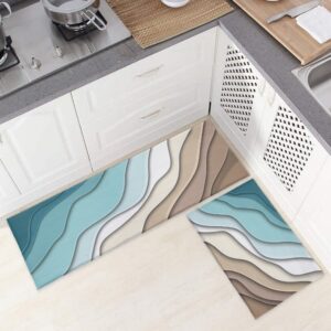 Abstract Ombre Kitchen Mat Set of 2, Beach Geometric Gradient Turquoise Brown Cream Microfiber Kitchen Rug TPR Non-Slip Backing Doormat Runner Rug Set Comfort Floor Mat, (18" x 30"+18" x 48")