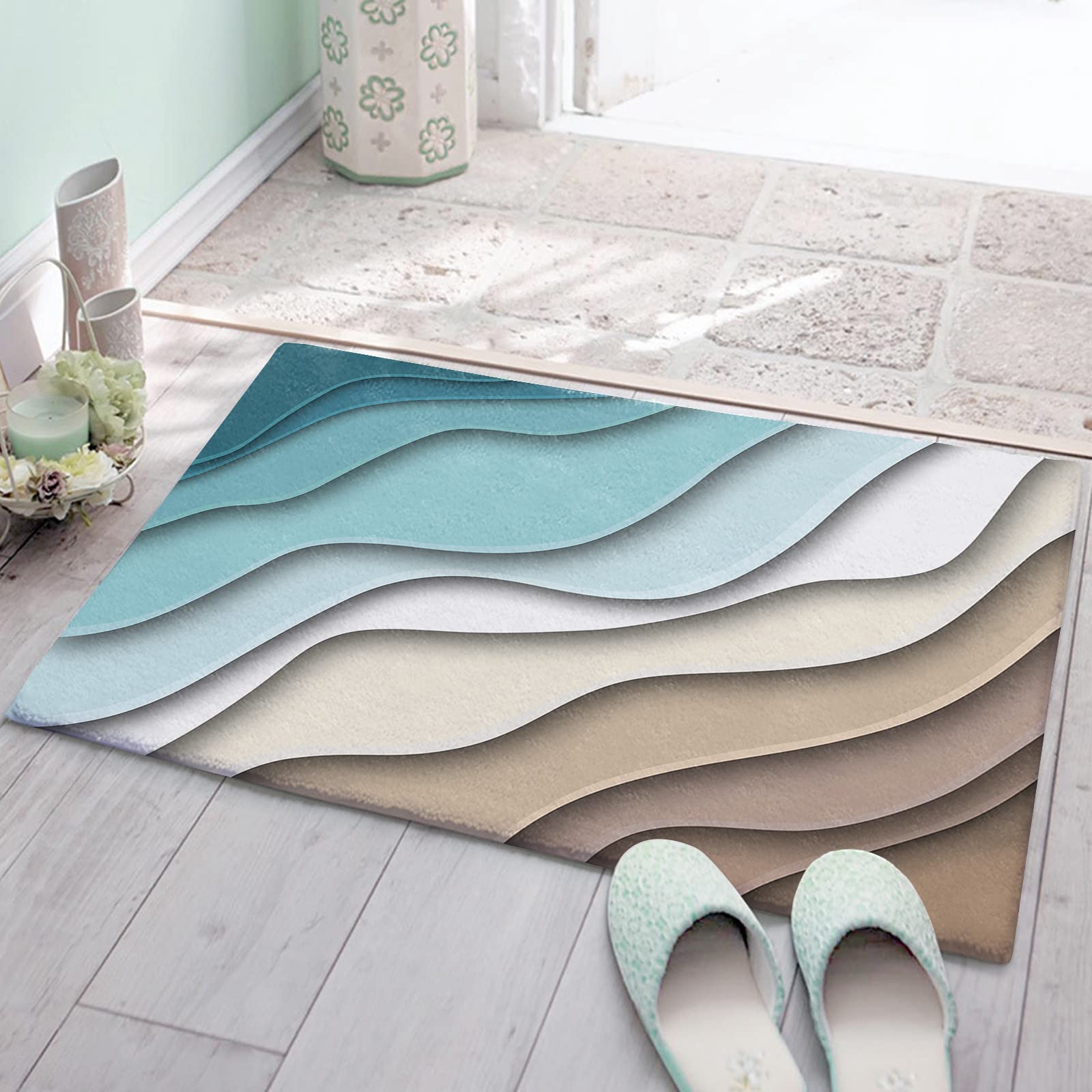 Abstract Ombre Kitchen Mat Set of 2, Beach Geometric Gradient Turquoise Brown Cream Microfiber Kitchen Rug TPR Non-Slip Backing Doormat Runner Rug Set Comfort Floor Mat, (18" x 30"+18" x 48")