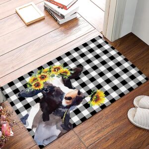 cow farm animal yellow sunflower cow buffalo check black white entrance way rugs doormats soft non-slip washable bath rugs floor mats for home bathroom kitchen 16x24 inch