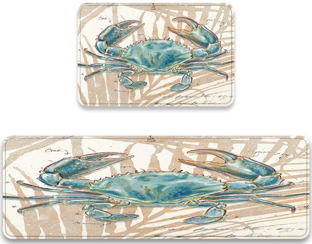 Kitchen Rugs Sets 2 Piece Floor Mats Sea Underwater Submarine Blue Crab Durable Doormat Nautical Ocean Animal Area Rugs Washable Runner Carpet Set Non Slip Fantastic Crab Design Kitchen Rugs and Mats