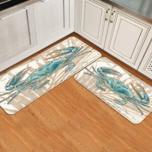 Kitchen Rugs Sets 2 Piece Floor Mats Sea Underwater Submarine Blue Crab Durable Doormat Nautical Ocean Animal Area Rugs Washable Runner Carpet Set Non Slip Fantastic Crab Design Kitchen Rugs and Mats