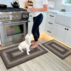 midnight moon kitchen rug set [2pcs] 20x30" and 22x72" grey-black-brown colors. washable stain resistant. anti-fatigue, water absorbing, ergonomic comfort standing mat. use by sink, stove or island