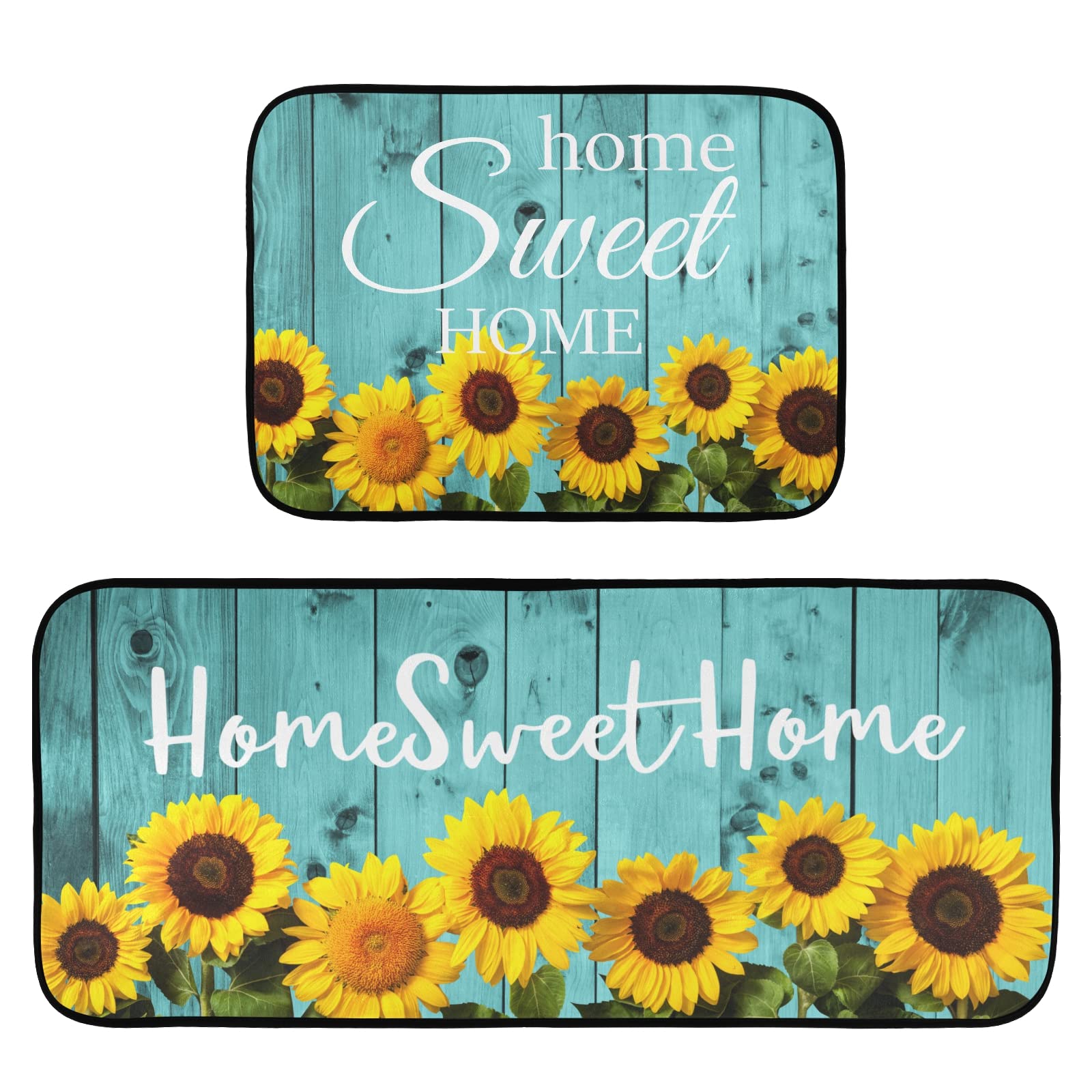 Teal Turquoise Kitchen Rugs and Mats Set of 2 Non Slip Sunflower Kitchen Floor Mats Comfort Standing Desk Mat for Doormat Bathroom Bedroom Runner Area Rug for Home Decor Washable