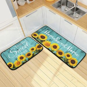 Teal Turquoise Kitchen Rugs and Mats Set of 2 Non Slip Sunflower Kitchen Floor Mats Comfort Standing Desk Mat for Doormat Bathroom Bedroom Runner Area Rug for Home Decor Washable