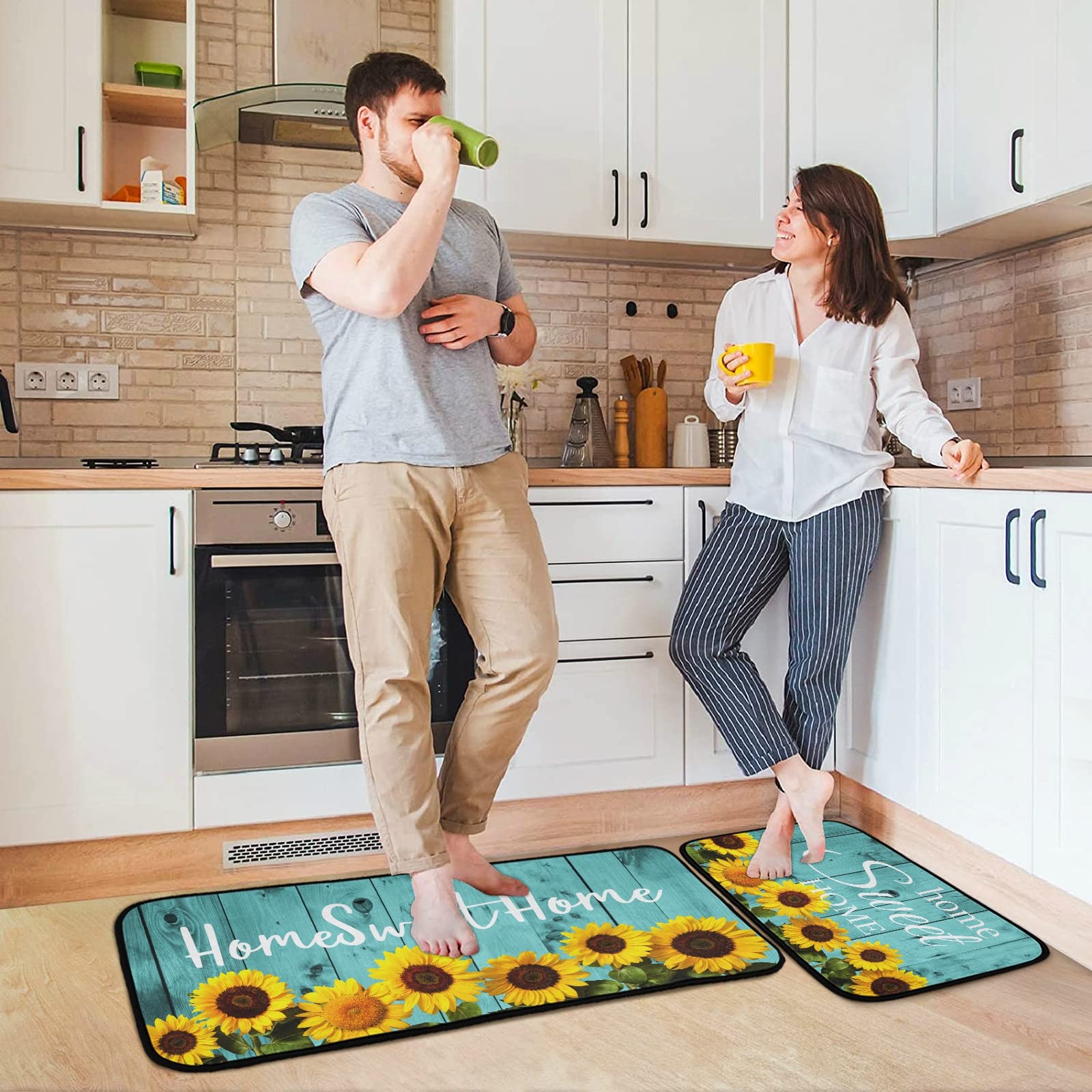 Teal Turquoise Kitchen Rugs and Mats Set of 2 Non Slip Sunflower Kitchen Floor Mats Comfort Standing Desk Mat for Doormat Bathroom Bedroom Runner Area Rug for Home Decor Washable