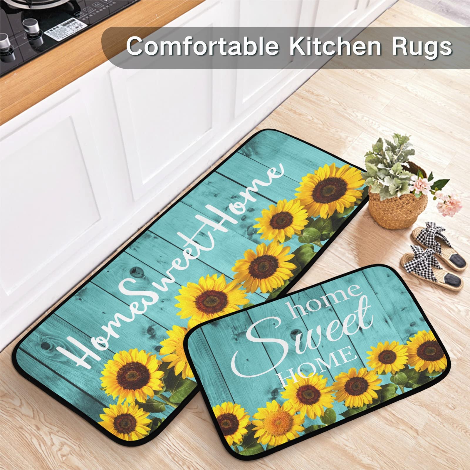 Teal Turquoise Kitchen Rugs and Mats Set of 2 Non Slip Sunflower Kitchen Floor Mats Comfort Standing Desk Mat for Doormat Bathroom Bedroom Runner Area Rug for Home Decor Washable