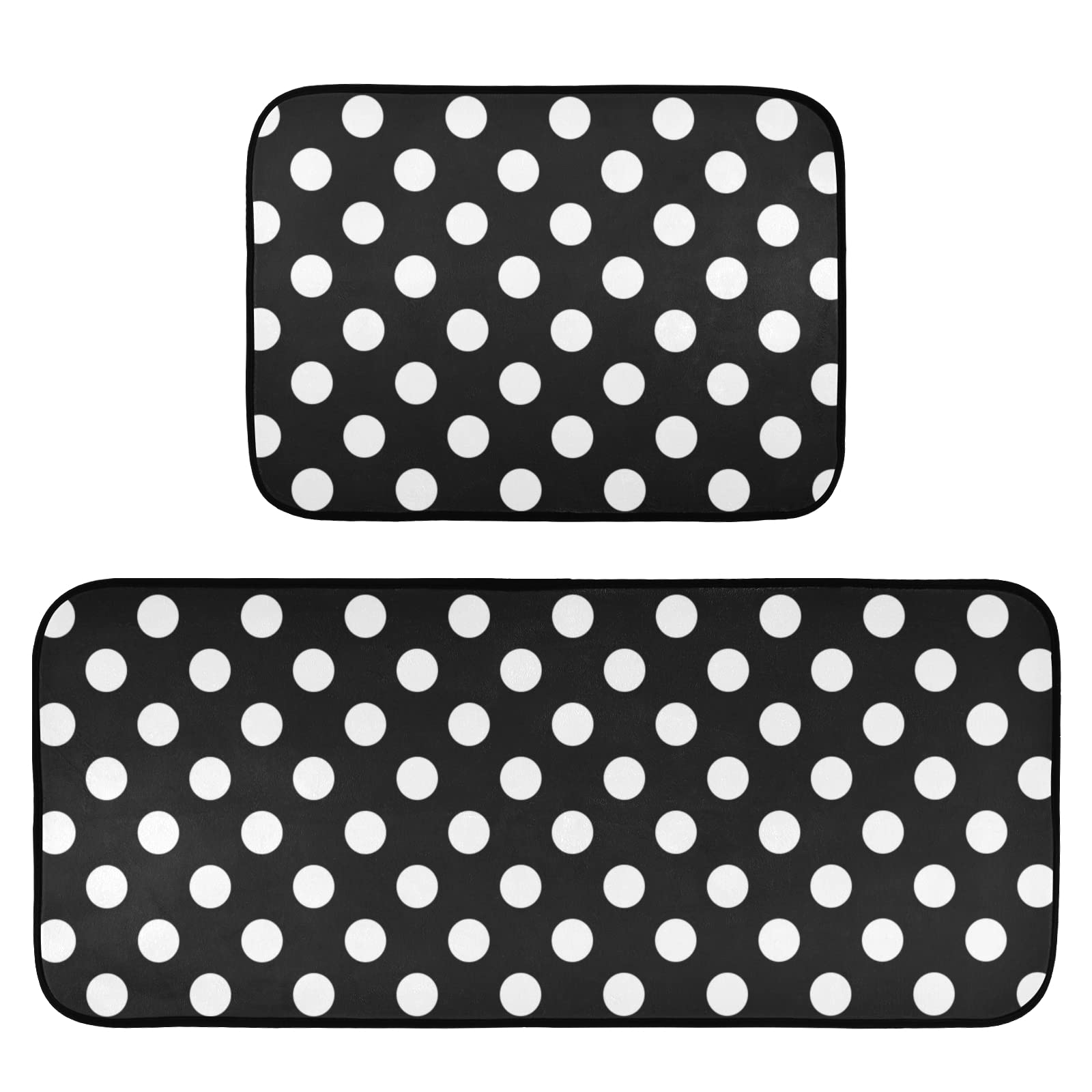 CaTaKu Kitchen Area Rug 2 Piece Set Polka Dot Black and White Polyester Non-Slip Floor Rug Runner Washable Carpet Mat Comfort Standing Mat for Kitchen Home Decorative