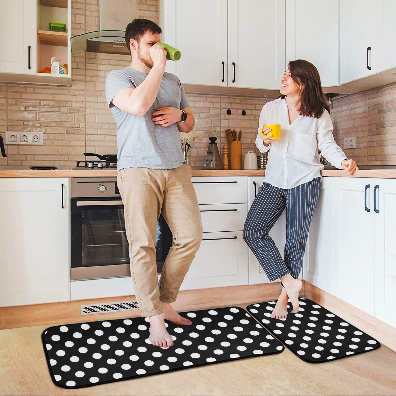 CaTaKu Kitchen Area Rug 2 Piece Set Polka Dot Black and White Polyester Non-Slip Floor Rug Runner Washable Carpet Mat Comfort Standing Mat for Kitchen Home Decorative